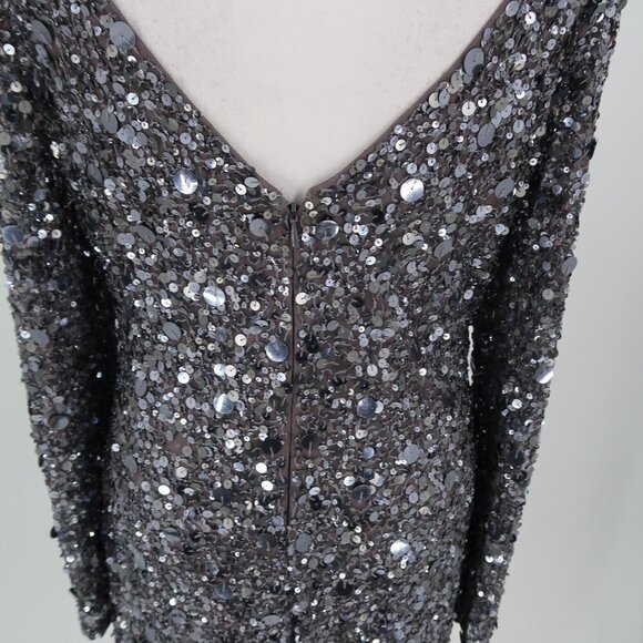 Aidan Mattox Silver Fully Sequined Long Sleeve Cocktail Dress Size 10 - Picture 9 of 13